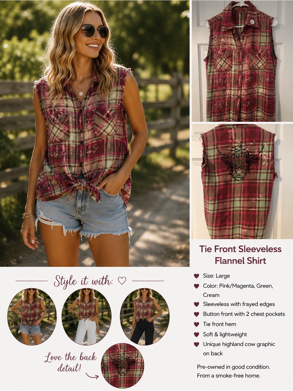 Sleeveless Flannel Shirt - Pink/Magenta & Green Plaid - Highland Cow graphic